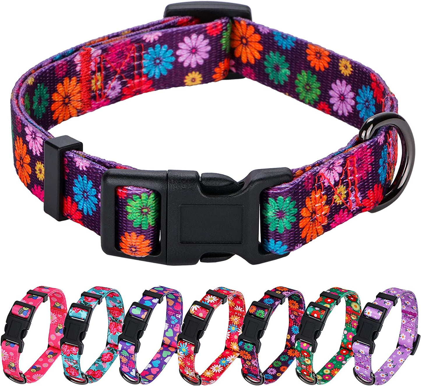 Charming Fall Daisy Pattern Dog Collar for Girls - Vibrant Floral Print in Dark Purple, Large Size