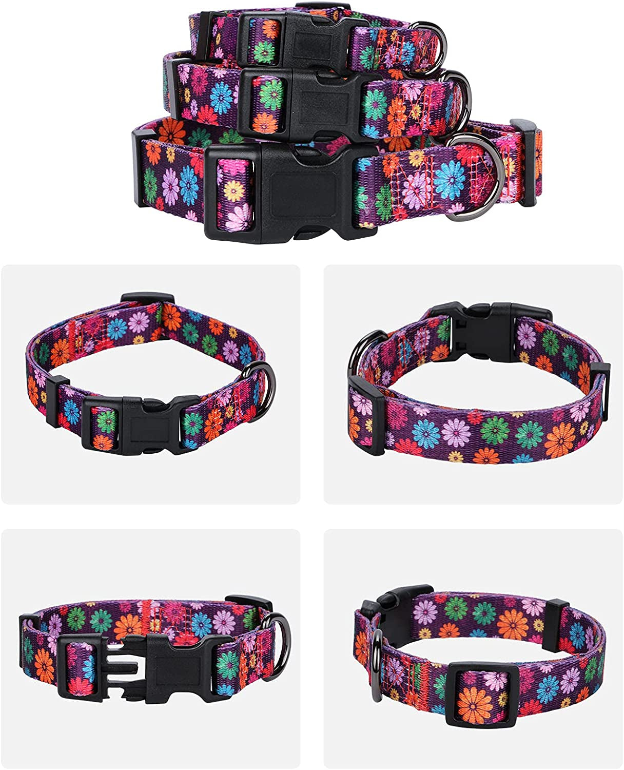 Charming Fall Daisy Pattern Dog Collar for Girls - Vibrant Floral Print in Dark Purple, Large Size